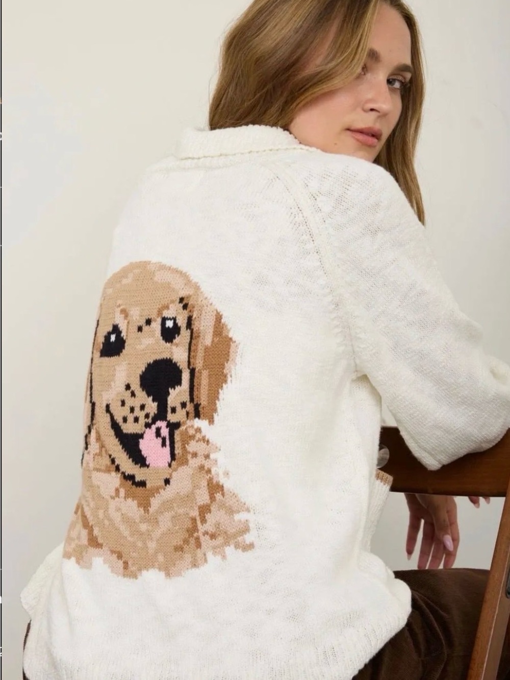 Blu Pepper Cream Knit Cardigan with Tan Dog Graphic